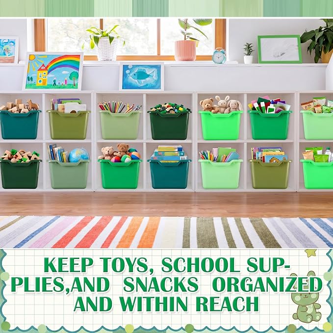 Dandat 32 Pcs Plastic Book Bins for Classroom Library Cubby Bins Scoop Front Stackable Toy Storage Tubs Containers for School Office Home Nursery Playroom Organization (Green Series)