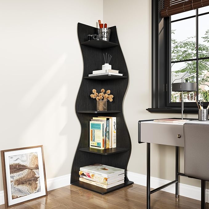 LITTLE TREE Small Corner Shelf, Modern 5-Tier Wall Wavy Corner Bookshelf | Stylish Bookcase Storage Rack for Small Space, Living Room, Bedroom, Black