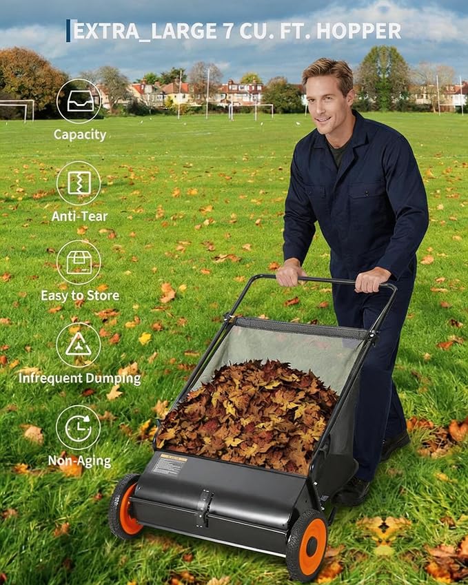 26-Inch Push Lawn Sweeper, 7 Cu. Ft. Hopper Capacity Leaf & Grass Collector | 4 Spinning Brushes, Adjustable Brush Height, Heavy Duty Steel Frame, Manual Yard Sweeper for Leaves & Grass Clippings, Black
