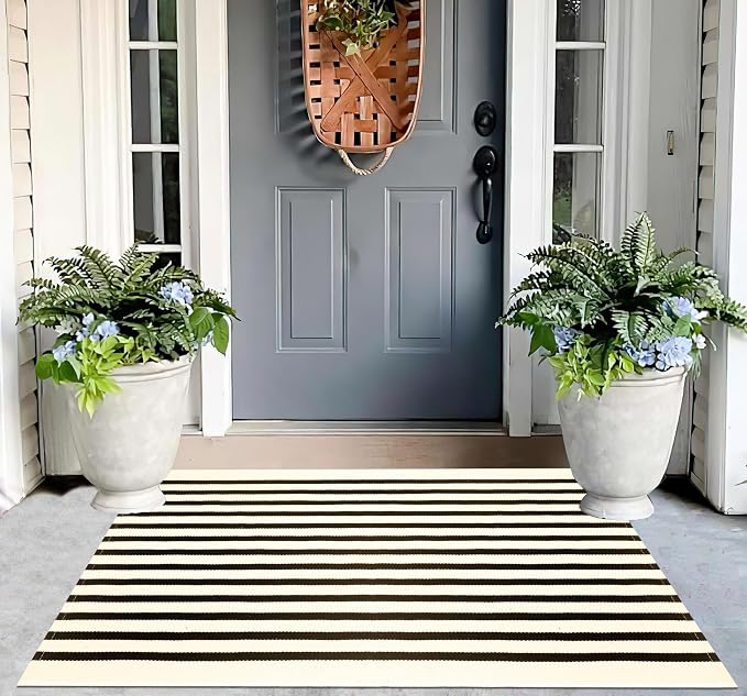 Washable Proch Rug 2.3'X3.6',Beige and Black Entryway Rug Cotton Woven Bathroom Rugs Front Porch Decor for Bedroom/Home Entrance/Front Porch