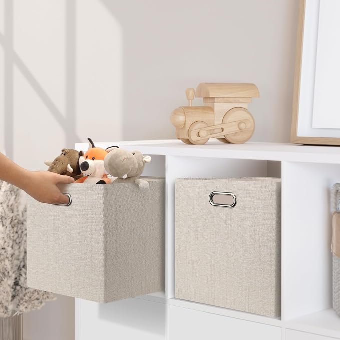 Posprica 13x15x13in Collapsible Storage Bins, Fabric Foldable Cube Storage Boxes, Decorative Storage Baskets Organizer for IKEA Kallax, Shelves, Closet, Clothes, Set of 4-Beige