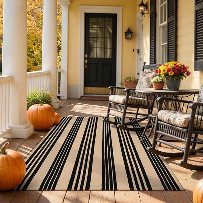 KIMODE Indoor Outdoor Rug 4'x6',Washable Reversible Black and Khaki Striped Rug,Cotton Hand Woven Patio Rug Floor Carpet, Farmhouse Fall Decor Porch Rug for Outdoor Backyard Living Room