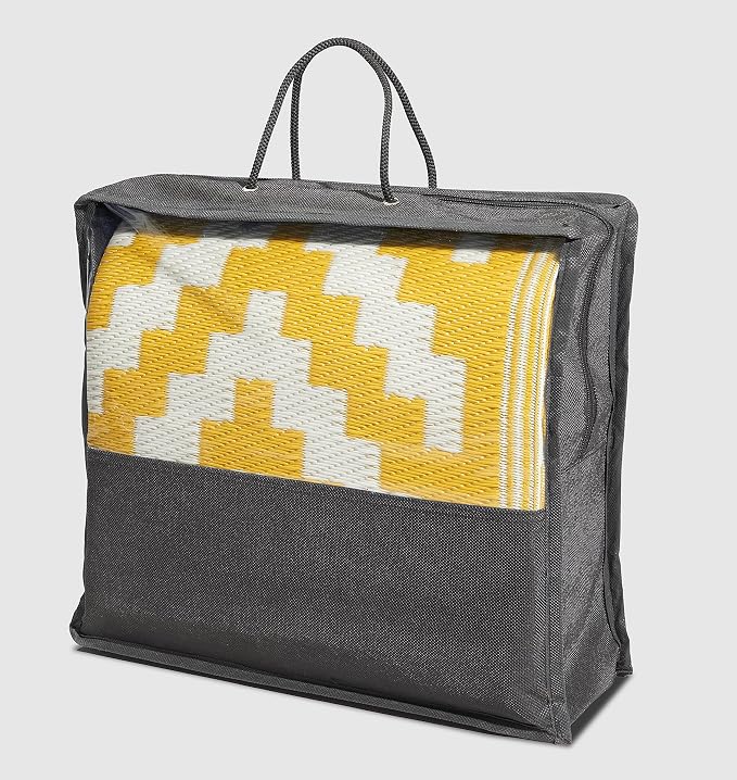 FH Home Outdoor Camping Rug - Waterproof, Fade Resistant, Reversible - Premium Recycled Plastic - Geometric - Patio, Deck, Sunroom, RV - Aztec - Yellow & White - 5 x 8 ft Foldable