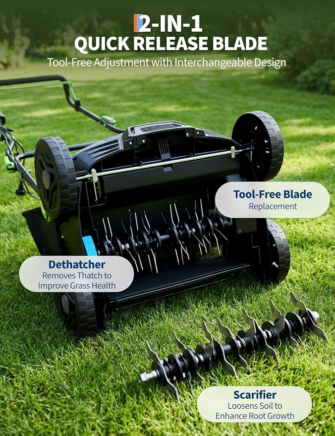 Electric Lawn Dethatcher Scarifier 15.5 Amp, 14-Inch Corded Dethatcher with 14.5 gal Collection Bag, 5-Position Depth Adjustment, 2-in-1 Aerator with Carbon Steel Blades for Spring Fall Lawn Care