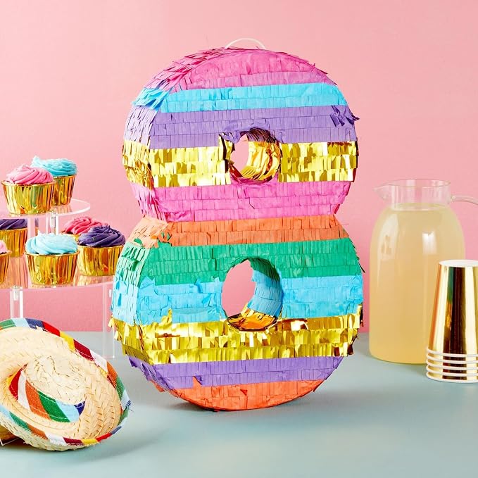 BLUE PANDA 8 Pinata - Small Multicolor, 11.4 x 16.5 x 3 In - Neon Rainbow Pinata in Shape of 8 for Girls Birthday Party