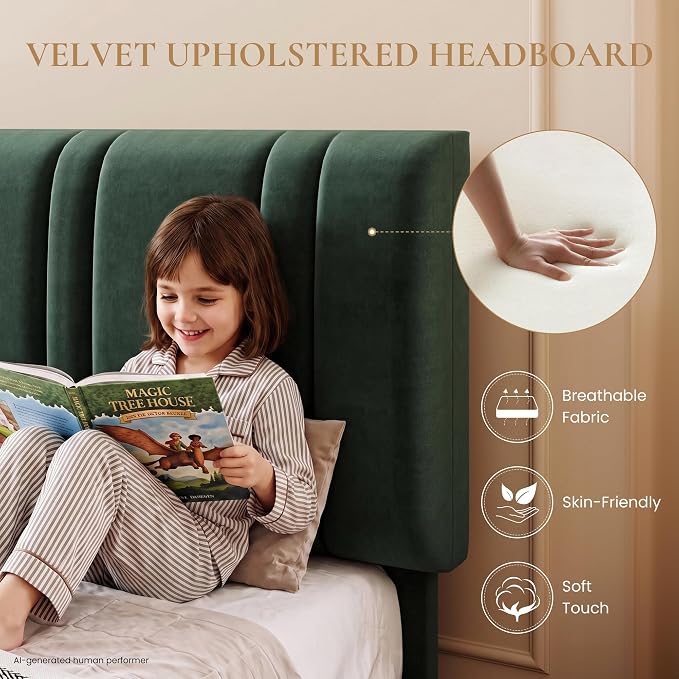 SHA CERLIN Twin Size Velvet Bed Frame with Adjustable Headboard, Green | Vertical Channel Tufted Design, Upholstered Platform Bed, Wood Slats Support/No Box Spring Needed/Easy Assembly
