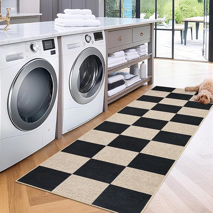 COZYLOOM Checkered Area Rug 2x8 Runner Rug for Hallway Non Slip Stain Resistant Rugs for Kitchen Modern Geometric Non Shedding Low Pile Door Mats for Bathroom, Bedroom, Entryway, Laundry Room, Black