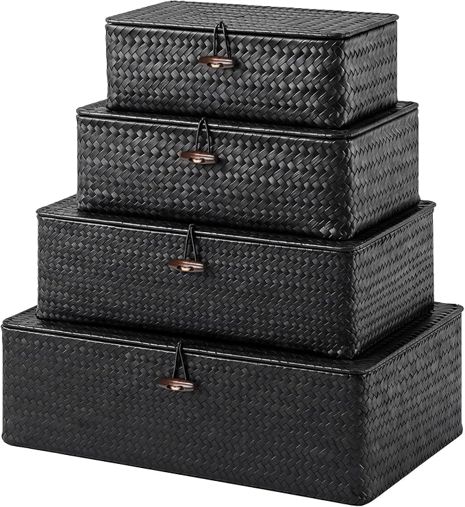 Woanger Set of 4 Wicker Baskets with Lids, Nautral Seagrass Storage Baskets, Woven Rectangular Basket Bins, Rattan Storage Organizer for Shelf Closet Bedroom(Black)