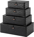 Woanger Set of 4 Wicker Baskets with Lids, Nautral Seagrass Storage Baskets, Woven Rectangular Basket Bins, Rattan Storage Organizer for Shelf Closet Bedroom(Black)