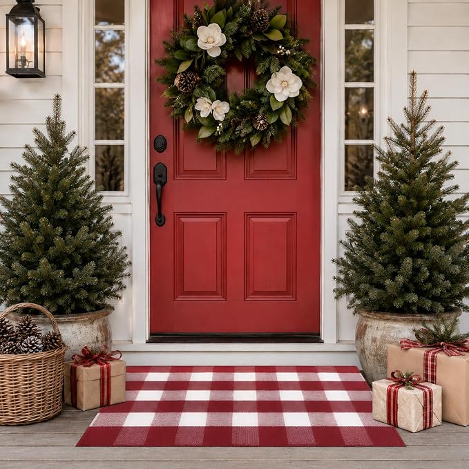 27.5"x43" Outdoor Rug, Red and White Front Door Mat, Cotton Woven Entryway Rug, Washable Layering Rug for Front Porch Christmas Outdoor Decor