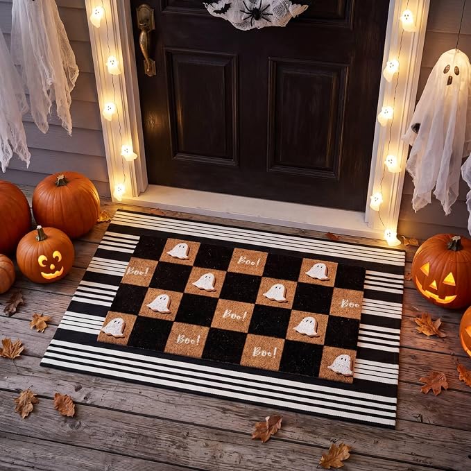 Moucuny 2 Pcs Halloween Coir Doormat Outdoor Boo Ghost Coir Plaid Welcome Mat Layered Black White Striped Outdoor Rugs for Halloween Front Door Porch Porch Entryway Decor,24'' X 35'',16'' X 28''