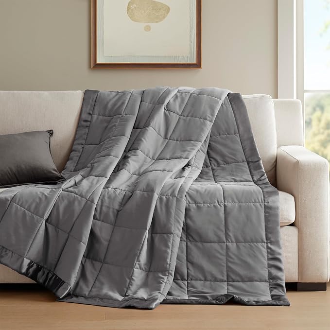 Madison Park Down Alternative Queen Blanket for Bed, Satin Trim, Charcoal | Lightweight Windom Blanket Full Size Premium 3M Scotchgard Moisture Wicking Treatment, OEKO TEX, Soft Bed Cover, All Season