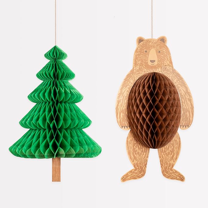 Meri Meri Outdoor Adventures Giant Hanging Decorations (Pack of 2), Outdoorsy Birthday Party Decorations, 3D Honeycomb, Easy To Assemble, Reusable, Bear Decoration - 32.5", Tree Decoration - 31"