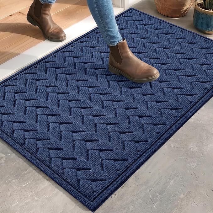DEXI Front Door Mat Outside Entrance, 17x30 Heavy Duty Entry Doormat Dirt Trapper with Rubber Back, Non Slip Low Profile Floor Mats for Entryway Exterior Patio, Wave Navy
