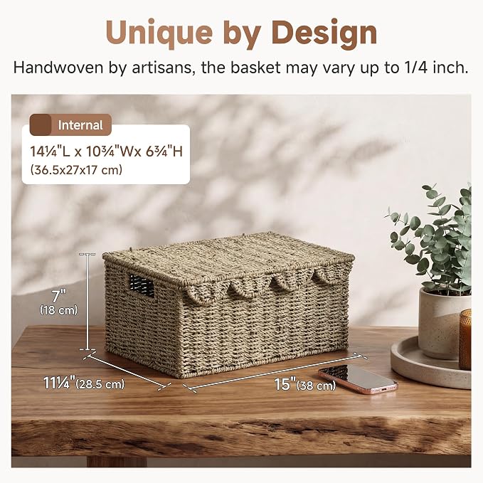 StorageWorks Scalloped Edge Wicker Basket, Seagrass Storage Baskets for Living Room, Bedroom, 15" L x 11 ¼" W x 7" H