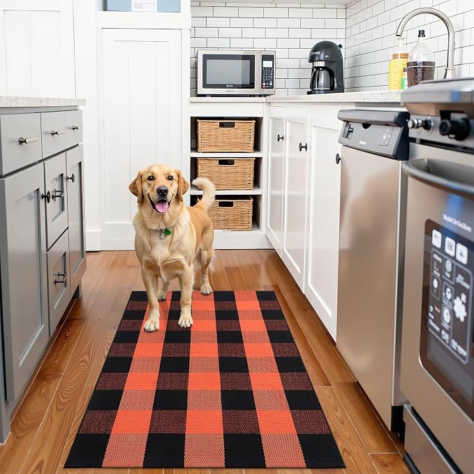 OLANLY Buffalo Plaid Rug 3' x 5' | Orange and Black Cotton Checkered Doormat, Washable Indoor Outdoor Rug for Layered Front Porch, Kitchen, Entryway Decor