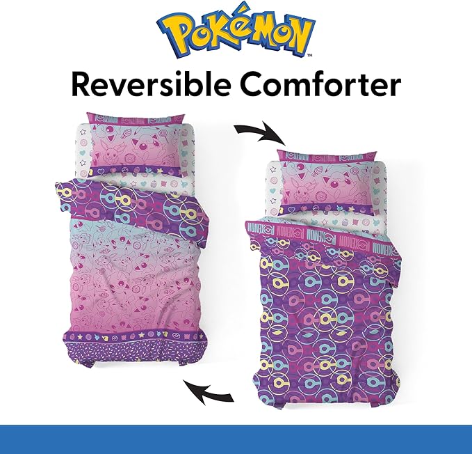 Northwest Pokemon Light and Sweet Twin Size Bed in a Bag Set, Pikachu Eevee Jigglypuff, Kids Boys Girls Bedding Comforter Sheets