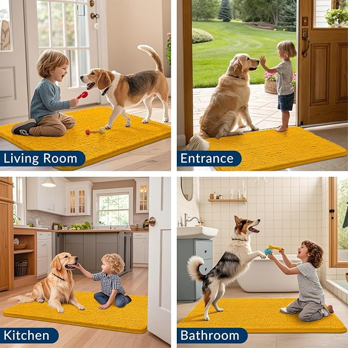 Smiry Dog Door Mat for Muddy Paws 59x32, Absorbent Dirt Trapper, Non-Slip Washable Chenille Entryway Rug for Inside Floor, Golden Yellow, Classic Solid