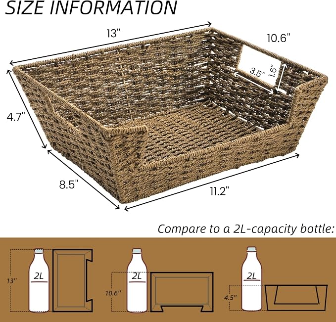 2 Pack Open Front Storage Baskets | Brown Paper Rope Woven Basket with Built-in Handles, 13''L x 10''W x 5''H Pantry Organzier Bins for Shelf, Bedroom, Pantry