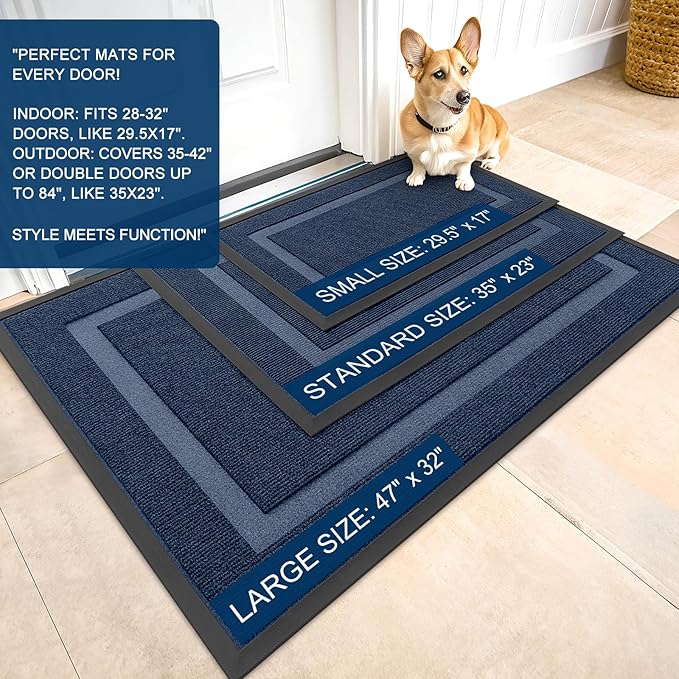 OLANLY Front Door Mat Indoor Outdoor Entrance, Waterproof All-Season, All-Weather Doormat, Sturdy Natural Rubber, Fade Resistant, Low Profile, Easy Clean Patio Porch Entryway Mat, 47x32, Blue