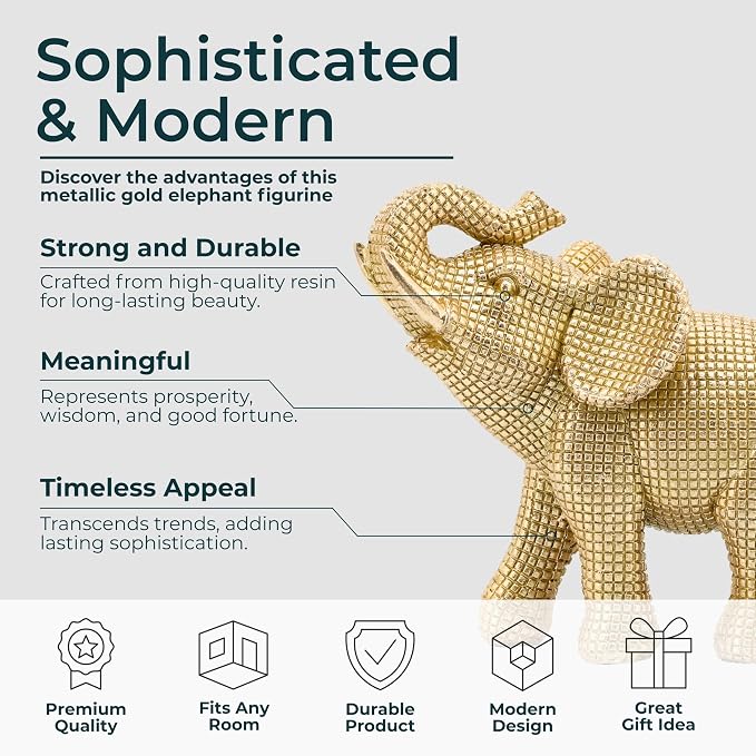 Decorative Resin Elephant Figurine for Home and Bathroom Decor - Ornament Statue for Office Desk, Living Room, or Shelf Styling - Elegant Accent for Entryway and Coffee Table - 7", Gold & Metallic