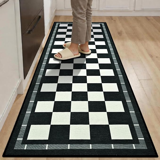 Jute Checkered Runner Rug, 2x6 Outdoor Runner Rugs, Washable Hallway Runner | Farmhouse Runner Carpet Non-Slip Kitchen Mat, Modern Checkerboard Indoor Outdoor Carpets for Porch Laundry, Black and White