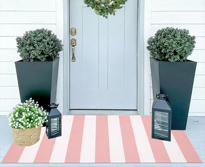Front Door Mat 24"x51",Pink and White Striped Layered Doormat Cotton Woven Washable Indoor Outdoor Porch Rug Farmhouse Small Area Rug for Porch/Entryway/Home Entrance Decor