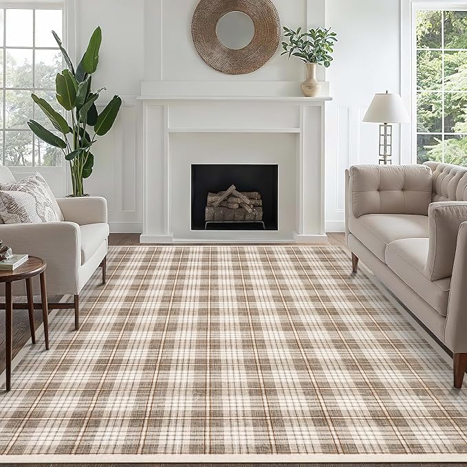 GarveeHome Living Room Checkered Area Rugs 6x9, Machine Washable Non Slip Backing Rug, Stain Resistant Low-Pile Indoor Carpet for Bedroom Dining Room Office Nursery Beige
