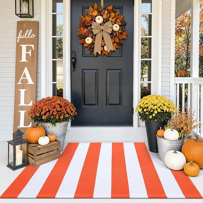 OLANLY Orange and White Striped Rug 3' x 5' | Washable Cotton Indoor Outdoor Doormat for Front Door, Entryway, Kitchen, Porch, Patio Decor