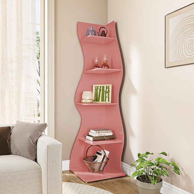 LITTLE TREE 70-Inch Corner Shelf, Seaweed Shaped Etagere Display Bookshelf, Freestanding 5-Tier Wall Shelves for Small Spaces, Living Room, Bedroom, Pink, 2 Pack