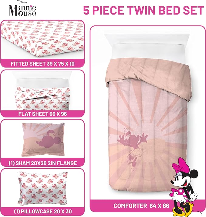 Disney Minnie Mouse Twin Comforter Set 5 Piece Bedding for Girls, Pink | Bed in a Bag, Comforter Sheets Sham Pillowcase, Official Product, Soft Microfiber, Machine Washable, Easy Care, Girls Gift
