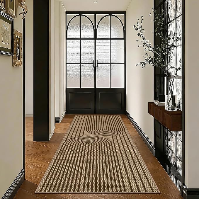 Faux Jute Hallway Runner Rug, 2' x 6' Kitchen Runner, Brown Farmhouse Ultra-Thin Washable Non-Slip Carpet Runner for Laundry, Bedroom, Backyard, Outdoor, Home Decor