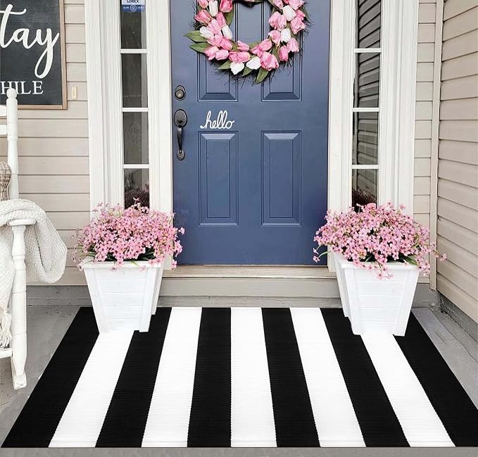Washable Proch Rug Soft Entryway Rug 2.3'X3.6', Cotton Woven Bathroom Rugs Front Porch Decor Black and White Area Rug Outdoor Rug