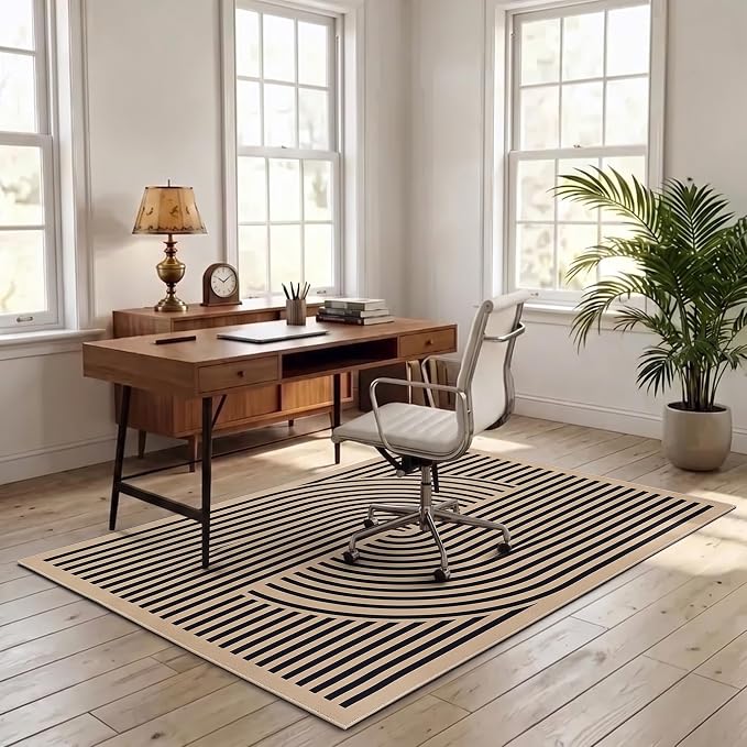 Brown Rug, 3x5, Modern Design, Black Stripes, Contemporary Abstract Farmhouse Style, Non-Slip TPE Backing, Low Pile, Washable Rug, Easy to Clean, Suitable for Living Room, Bedroom and Porch.