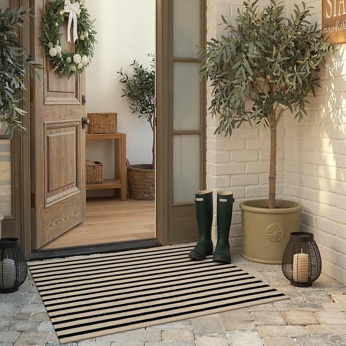 KIMODE Striped Outdoor Rug 27.5x43 Inches, Machine Washable Fall Front Porch Rug, Black and Khaki Front Door Mats, Hand Woven Welcome Layered Doormat Entryway Rug for Entrance, Doorway