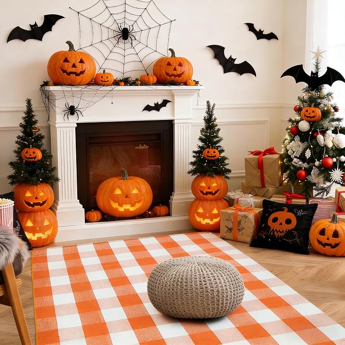 Halloween Orange and White Buffalo Plaid Rug,4' x 6' Indoor Outdoor Washable Rug, Spooky Accent Mat for Halloween Indoor Outdoor Decor, Porch, Living Room, Entryway, Patio