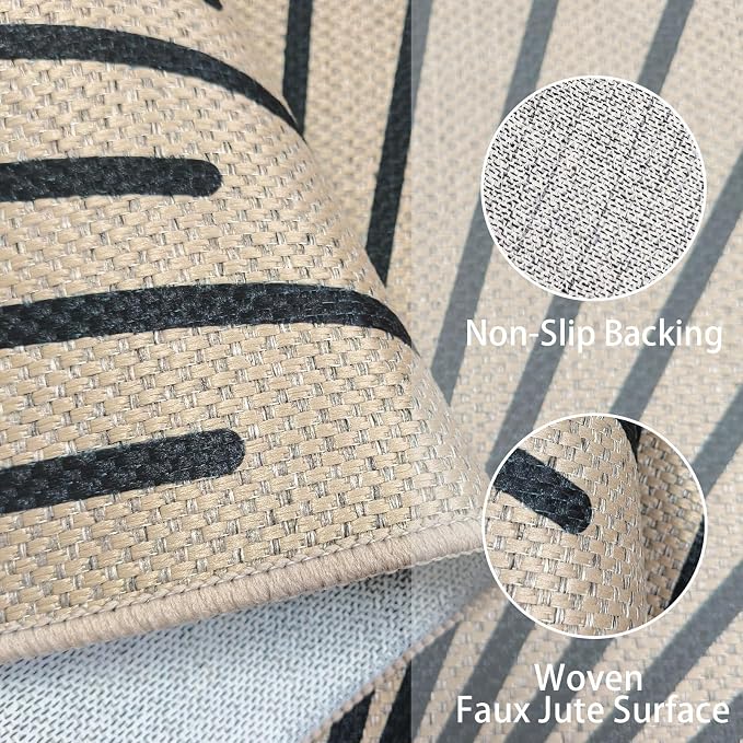 Easy Jute Rug 2.6x5Ft Half Circle Sunshine Doormat Neutral Faux Jute Indoor Outdoor Carpet for Farmhouse Bedroom Entrance Balcony Kitchen Laundry Room, Nonslip, Half Round, Black 7