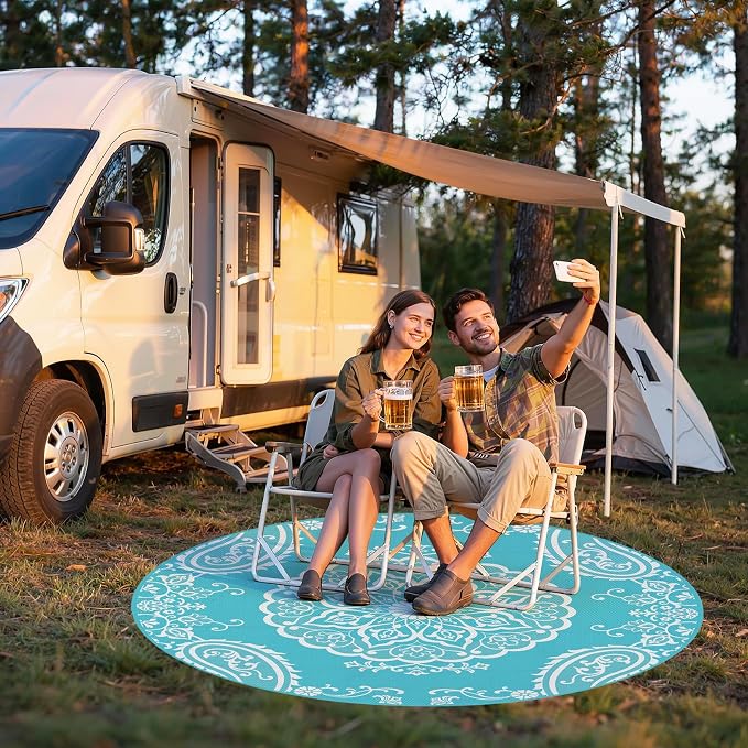 Pauwer Outdoor Rug 6ft, Waterproof Plastic Straw Camping Rug, Boho Teal | Reversible Patio Rug, UV Resistant Indoor Outdoor RV Mat Carpet For Deck, Camper, Porch, Balcony, Backyard, Picnic, Foldable