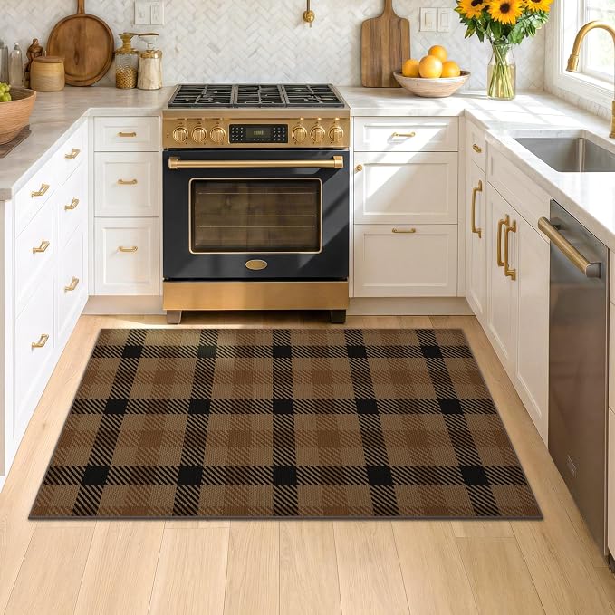 Easy Jute Plaid 3x5 Entryway Rug, Brown Checkered Washable Front Door Mat, Indoor Outdoor Farmhouse Non Slip Rug for Porch, Entrance, Balcony and Kitchen