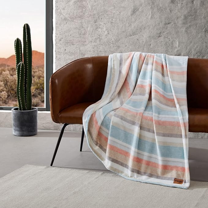 Wrangler - King Size Blanket, Super Soft & Reversible Plush Fleece Bedding, Throw Blanket for Couch or Bed (Glen Canyon Stripe Blue)