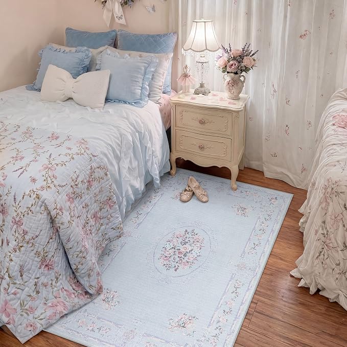 Tribesigns Bow Floral 3x5 Blue Rugs for Entryway Front Door, Non-Slip Small Bedroom Kitchen Area Rugs, Soft Low Pile Boho Rose Medallion Carpet for Bathroom Living Room, Blue/3x5