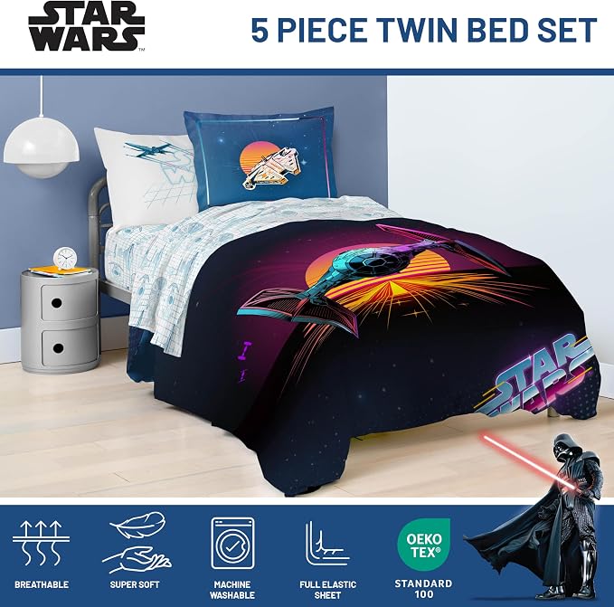 Jay Franco Star Wars Twin Comforter Set 5 Piece Soft Bedding for Boys, Blue | Bed in a Bag, Comforter Sheets Sham Pillowcase, Official Product, Soft Microfiber, Machine Washable, Easy Care, Boys Gift