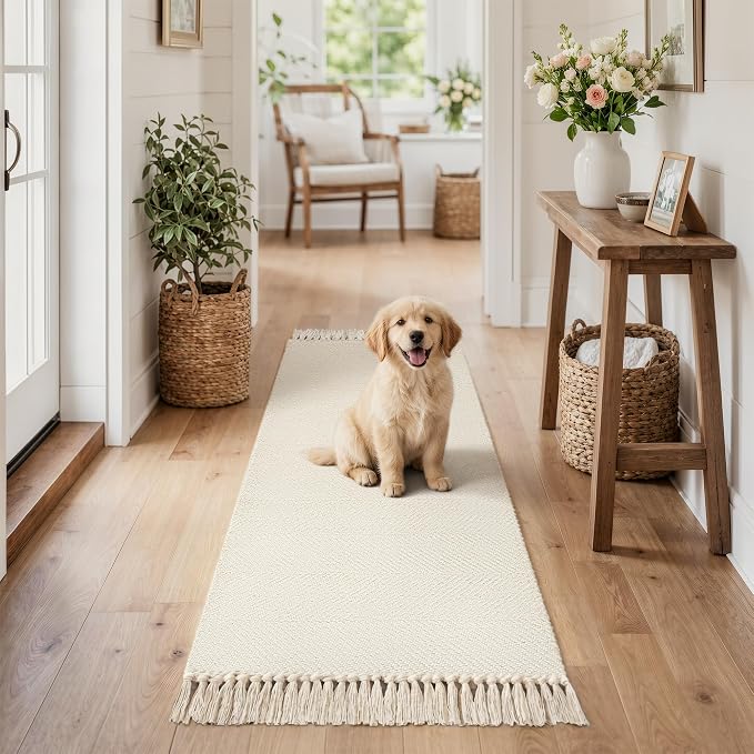 Collive Bathroom Runner Rug, 2' x 5' Modern Farmhouse Kitchen Runner Rug Hand-Woven Entryway Rugs Runners for Hallway, White Boho Washable Laundry Carpet Indoor Front Door Mat for Bedroom Decor