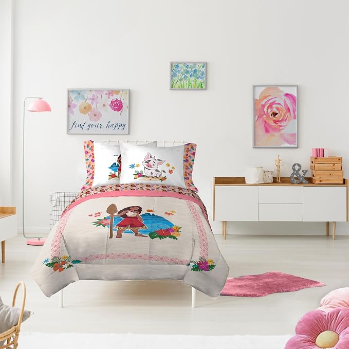 Disney Moana Twin Comforter Set 5 Piece Kids Bedding for Girls, Beige | Bed in a Bag, Comforter Sheets Sham Pillowcase, Official Brand, Soft Microfiber, Machine Washable, Girls Gift