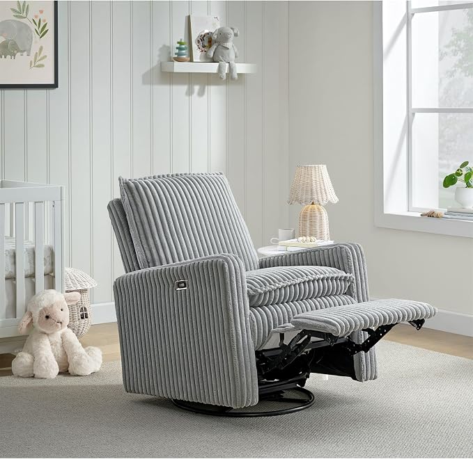Oxford Baby Uptown Power Upholstered Glider Recliner Rocking Chair 270° Swivel for Nursery and Living Room – Corduroy Ash Gray, Green Guard Gold Certified