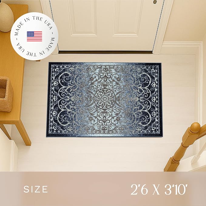 Maples Rugs Pelham Vintage Medallion Area Rugs - Made in USA - Washable, Non-Slip, Low Profile Indoor Rug for Entryway, Foyer, Kitchen, and Bathroom, 2'6 x 3'10, Navy/Grey