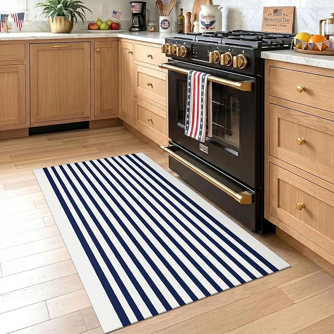 KOZYFLY Striped Rug 2.3x3.6 ft Blue White Front Door Mat Layered Doormats Woven Washable Indoor Outdoor Rug for Entryway Porch Kitchen Patio Welcome Mat Independence Day Decor