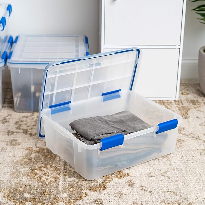 IRIS USA 4-Pack 26.5/44 Combo Qt Storage Bins with Gasket Lids, Clear/Blue | WeatherPro seal helps block dust and moisture Multiple sizes organize every room with confidence