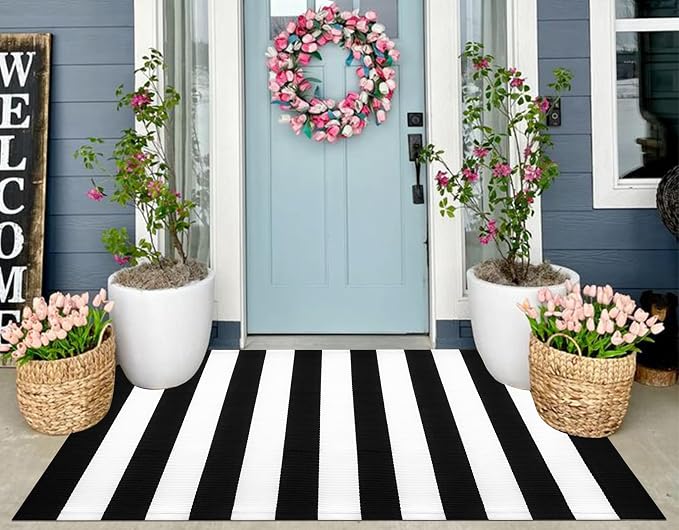 3'x5'Outdoor Rug,Black and White Striped Washable Front Porch Rug Farmhouse Cotton Woven Entry Rug Indoor Outdoor Area Rug for Porch/Home Entrace Decor/Bedroom/Layered Door Mats