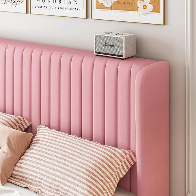 SHA CERLIN King Size Velvet Bed Frame, Tufted Wingback Headboard, Pink | 47'' Modern Vertical Channel Headboard, Upholstered Platform Bed, Wood Slats, No Box Spring Needed, Easy Assembly, Noise Free